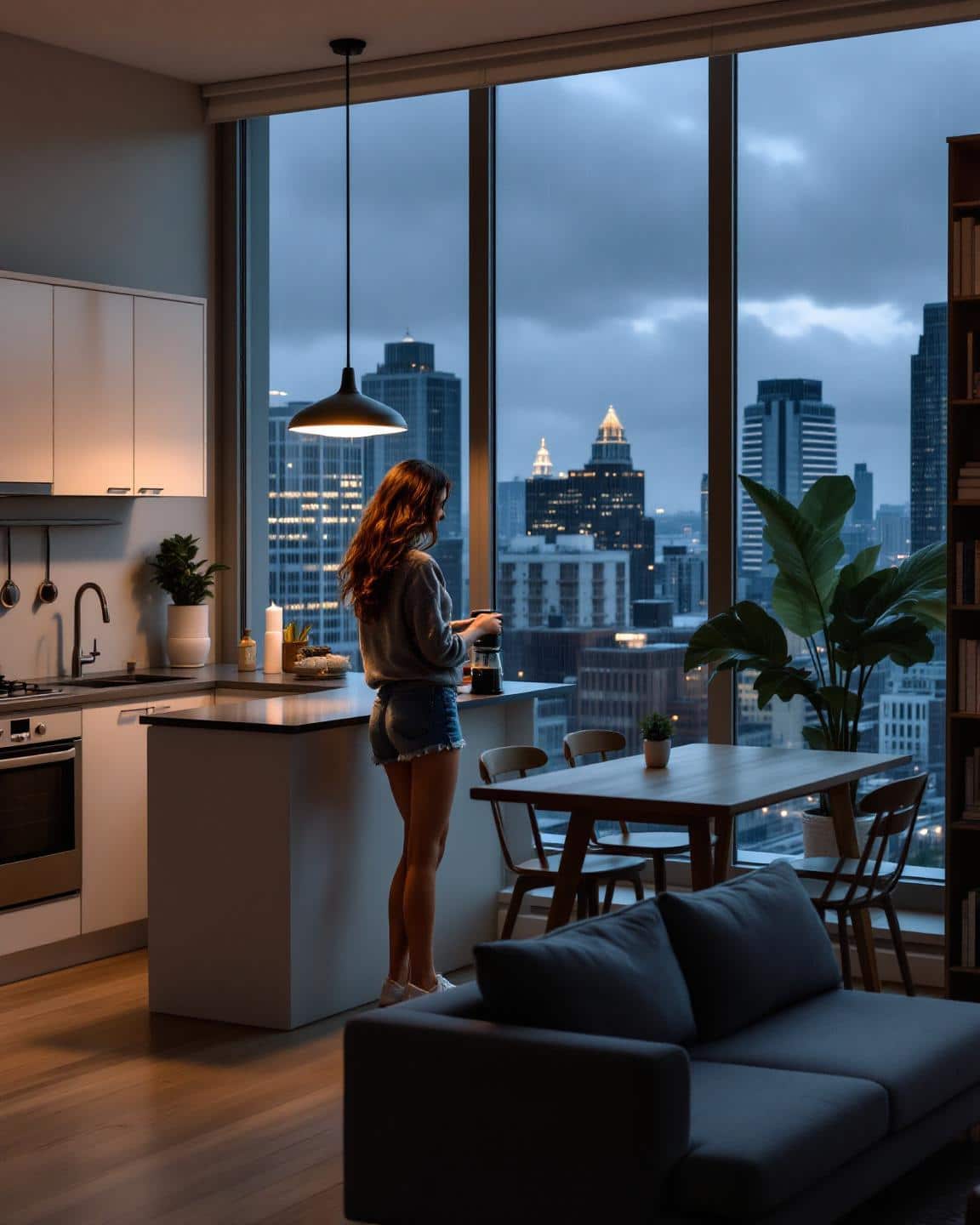 Lady in kitchen drinking tea