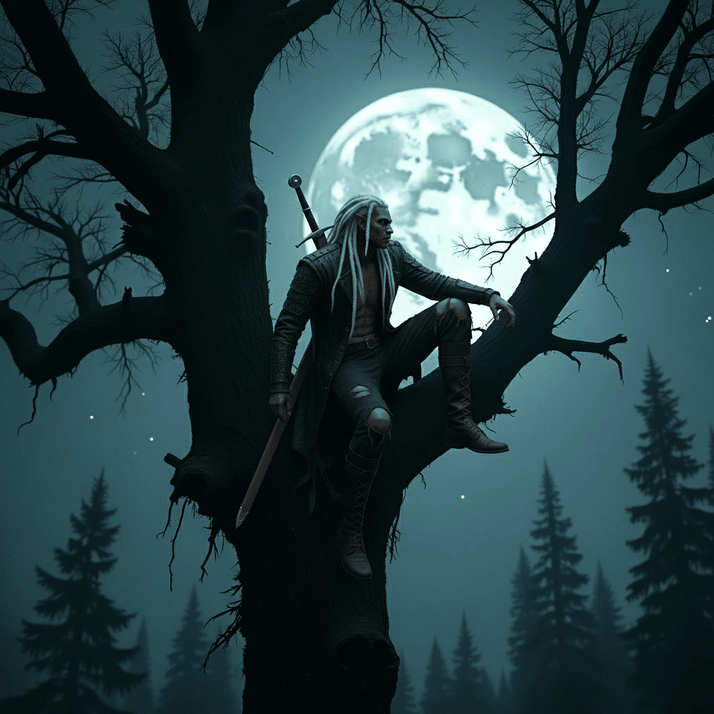 Man in tree under moonlight