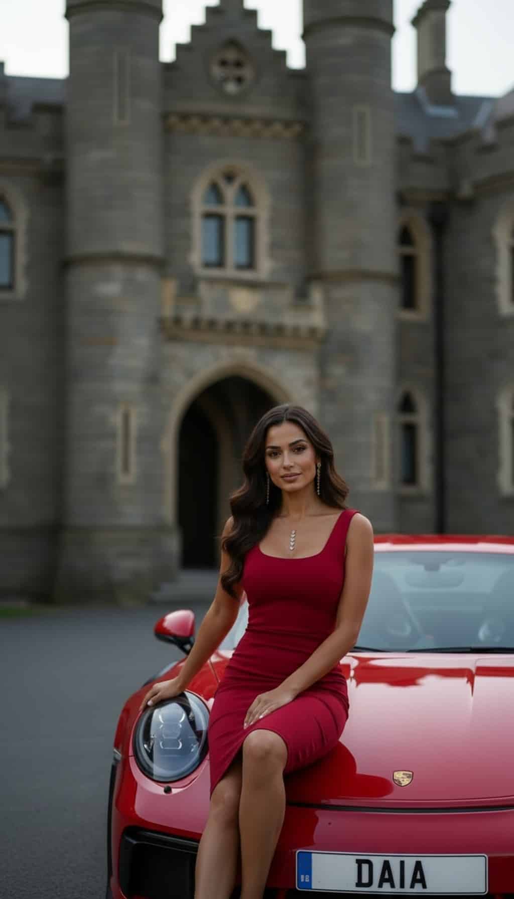Women in red on red porsche