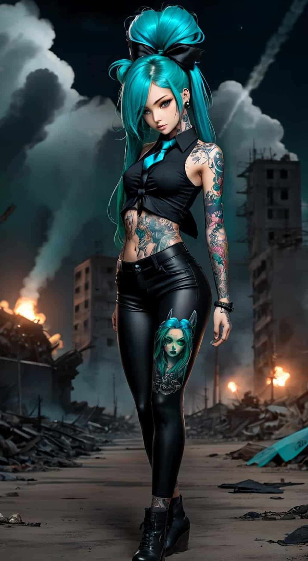 Women walking in rubble