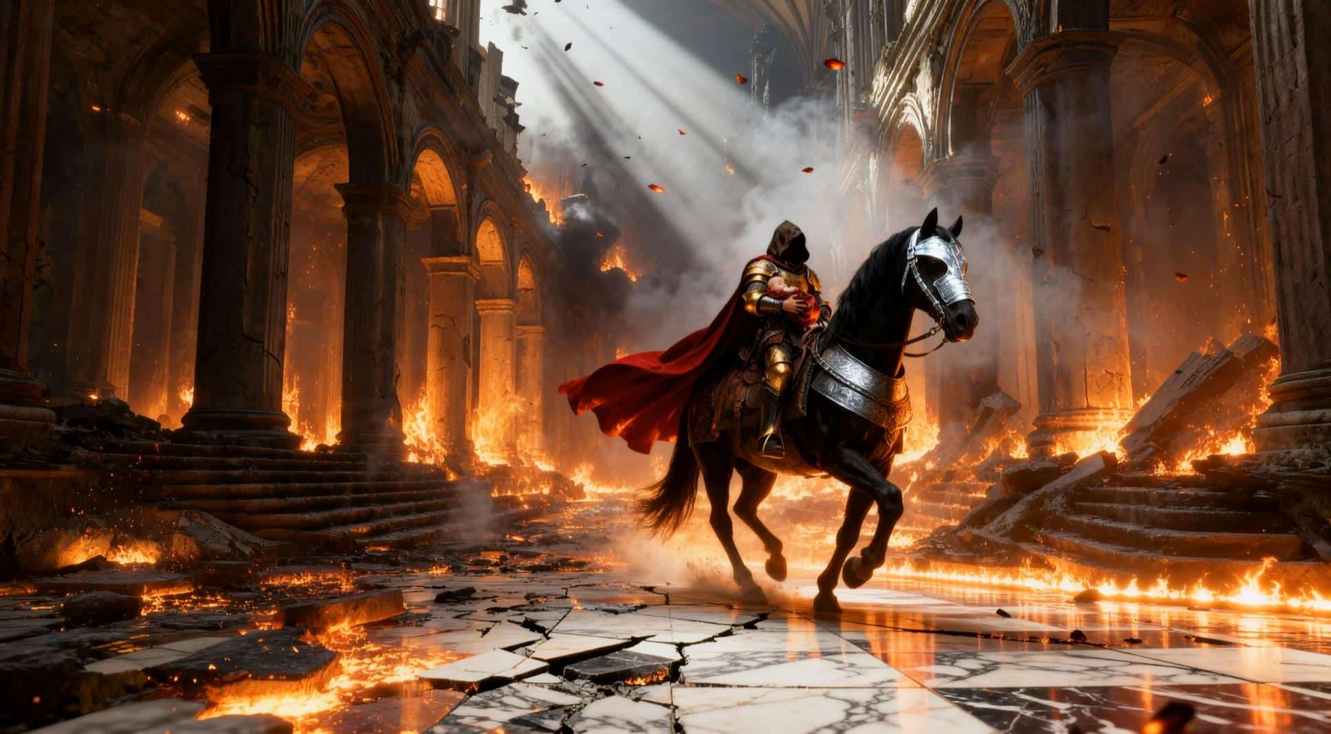 Knight riding horse in burning building